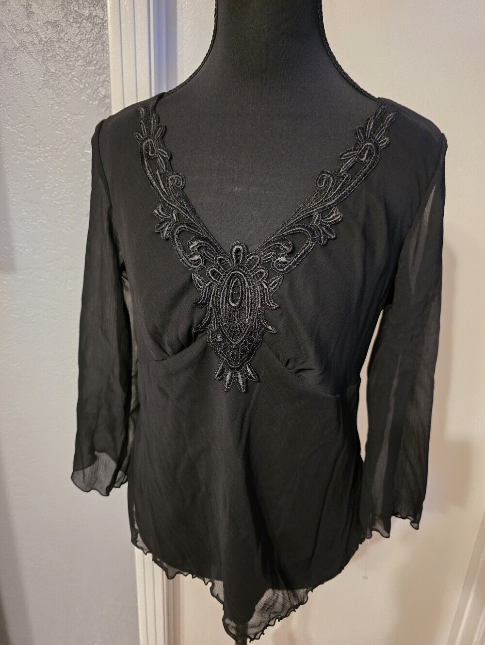 Black Embroidered V-Neck Women's Top